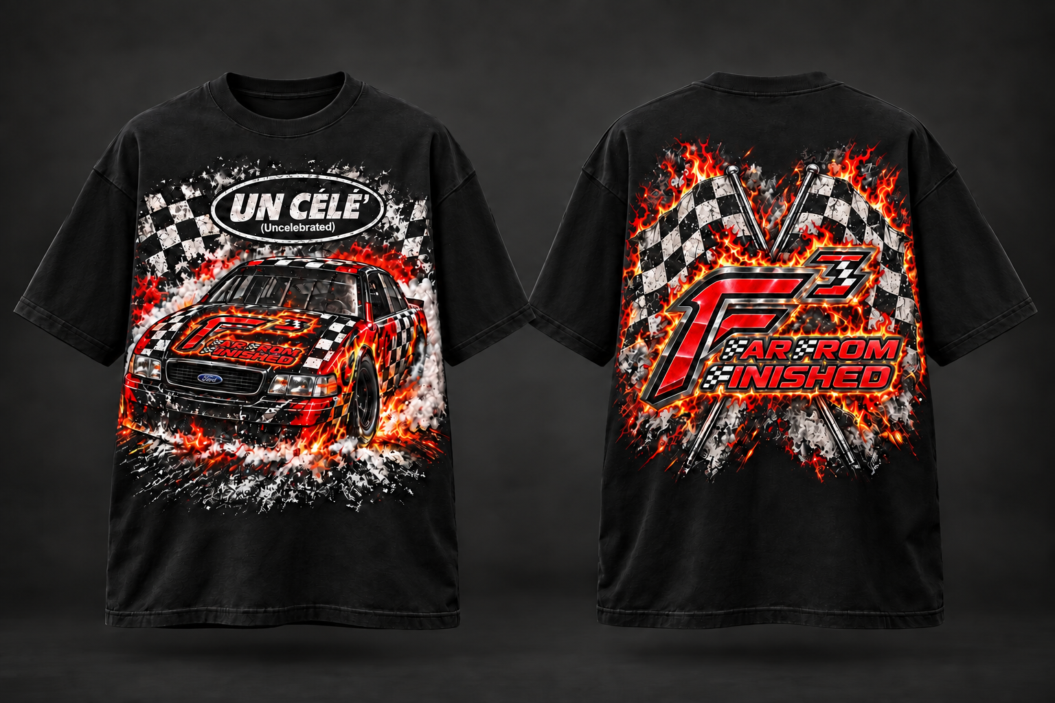 Front and back demo of the F³ and UN CÉLÉ’ racing shirt with plain black sleeves