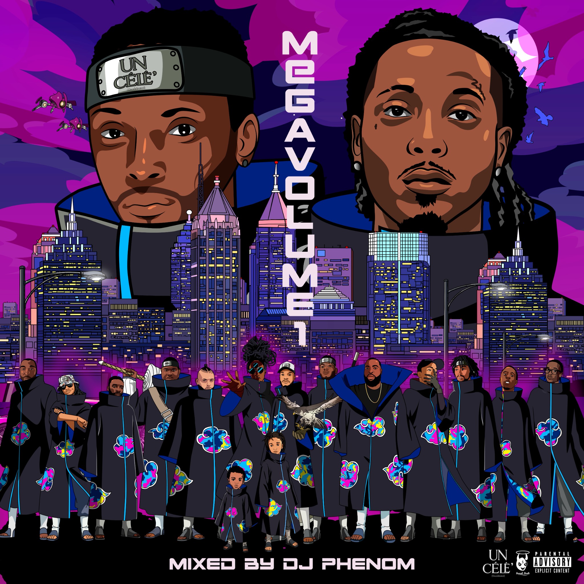 Megavolume 1 cover art featuring Wreck Wregular, DJ Phenom and the full illustrated cast against a purple city skyline